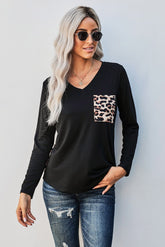 Contrast Leopard V-Neck Pocket Blouse - Shah S. Sahota